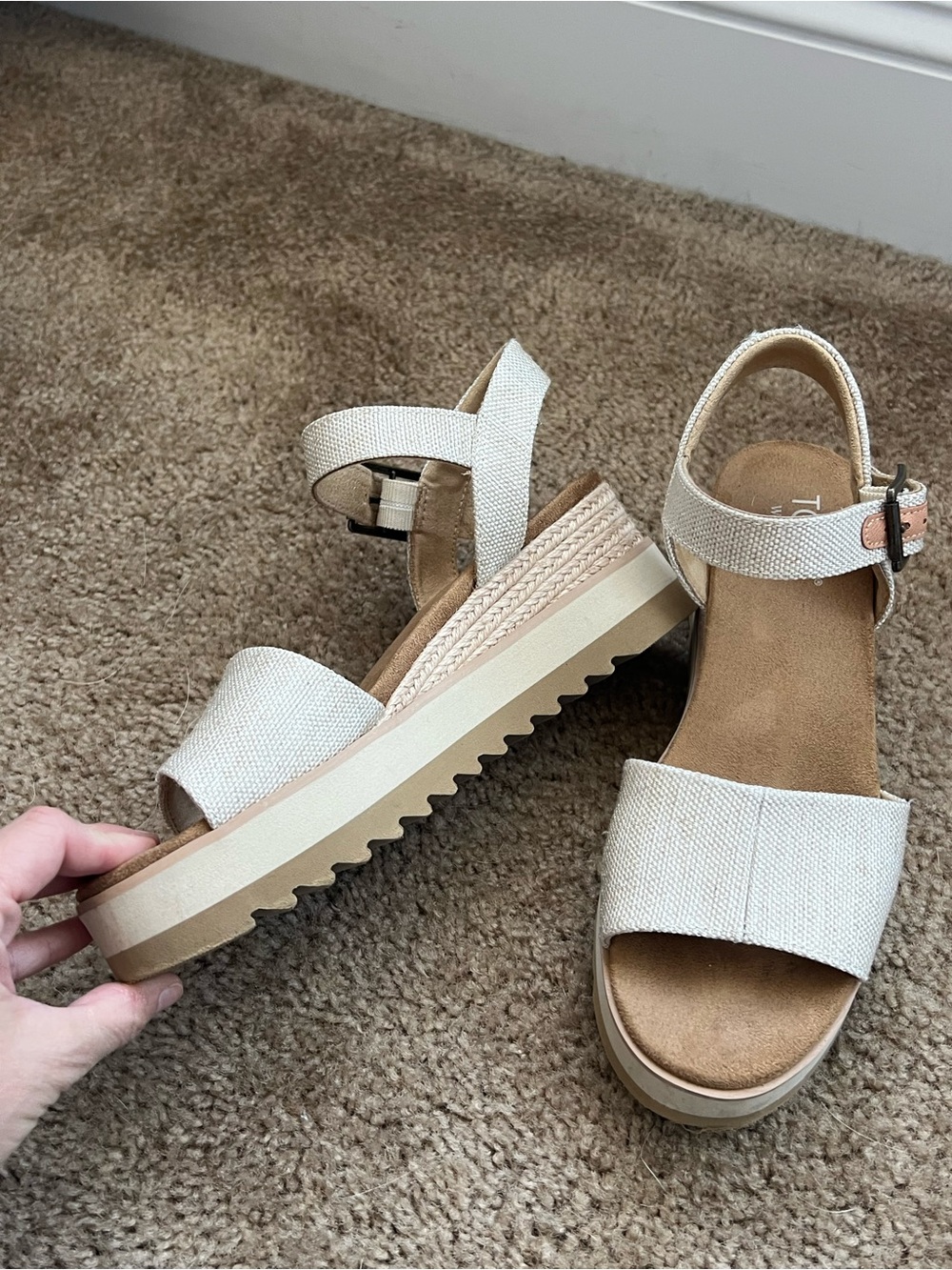 Toms Cream Textured Platform Sandals with Ankle Strap